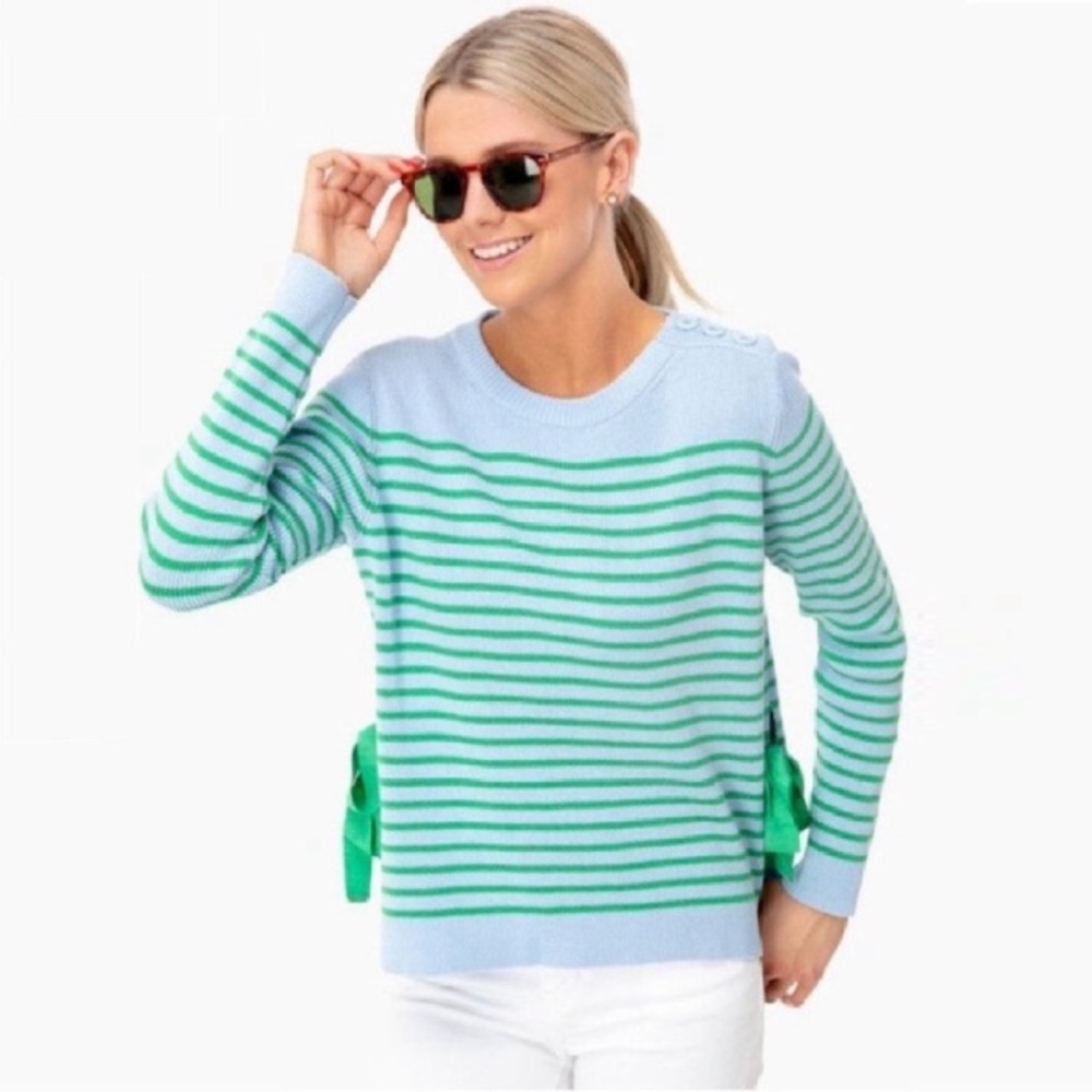Tuckernuck Green and Blue Striped Crew Neck Sweater
